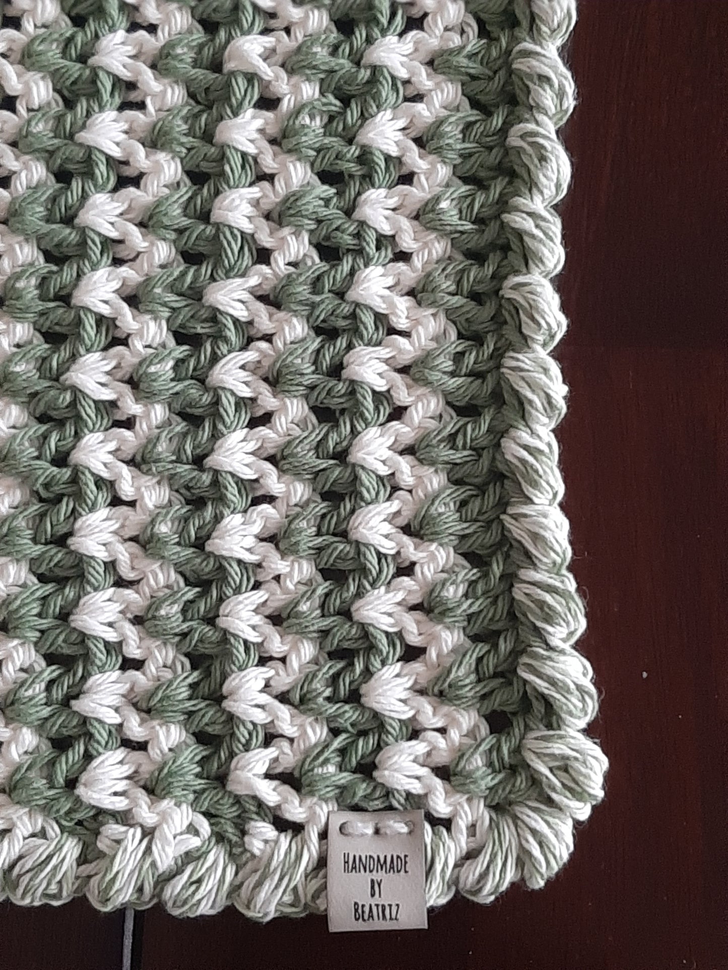 Hand-Crocheted Cotton Table Runner – Light Green & Natural – Made In Canada