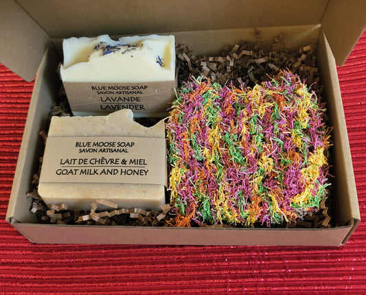 Made in Canada Gift Box – Vegan Soaps & Crochet Soap Scrubber Bag