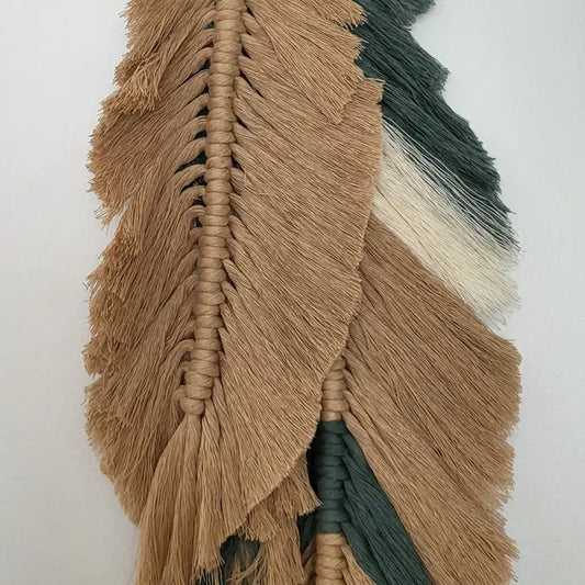 Macrame Feather Wall Hanging – 2 Leaves on Wooden Ring - Made in Canada - Boho Macrame Decor