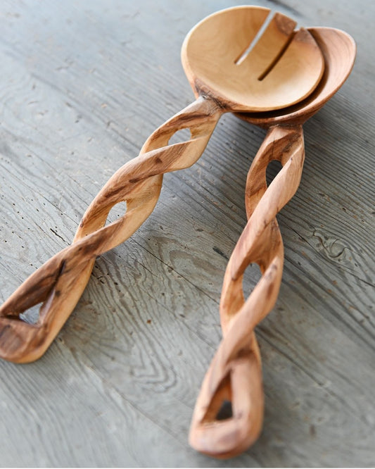 Handcrafted Olive Wood Salad Servers - Twisted Handle Design - Eco-Friendly Kitchen Utensils