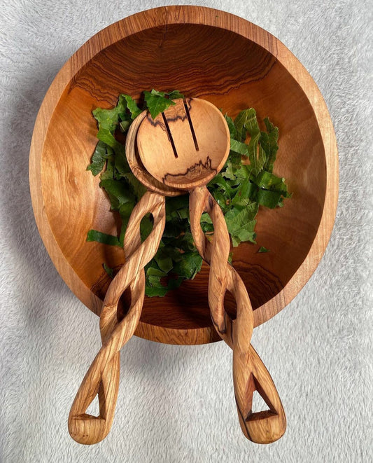 Handcrafted Olive Wood Salad Servers - Twisted Handle Design - Eco-Friendly Kitchen Utensils