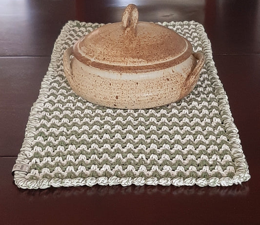 Hand-Crocheted Cotton Table Runner – Light Green & Natural – Made In Canada