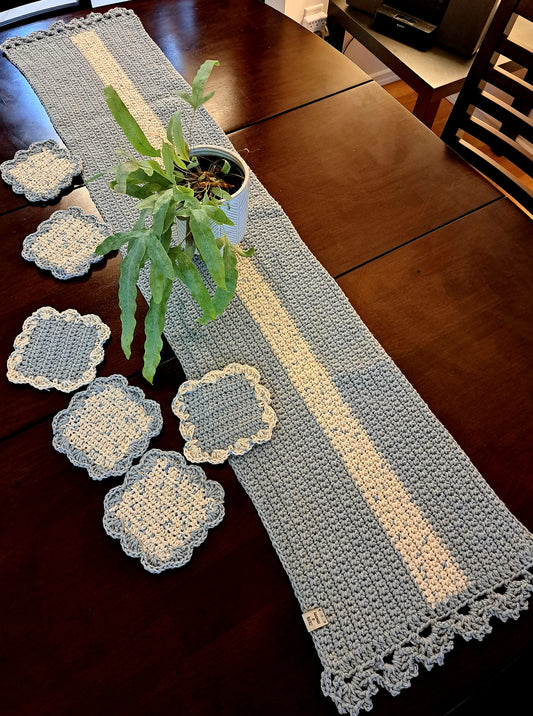 Table Runner - Crocheted Table runner & Coaster Set - 7 Piece Dining room Set